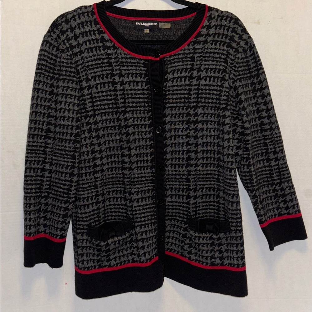 KARL LAGERFELD CHARCOAL AND EBONY CARDIGAN SWEATER CHECKER LIKE DESIGN SIZE L